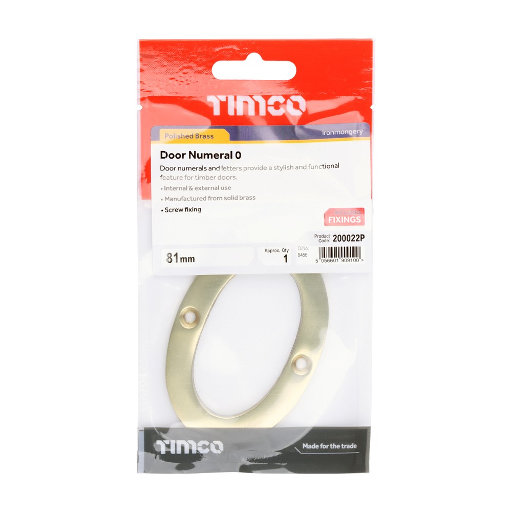 TIMCO Door Numeral 0 Polished Brass 81mm