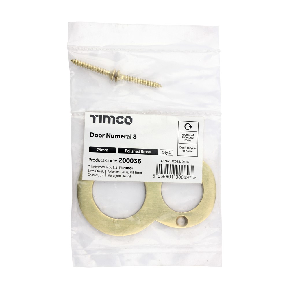TIMCO Door Numeral 8 Polished Brass 75mm