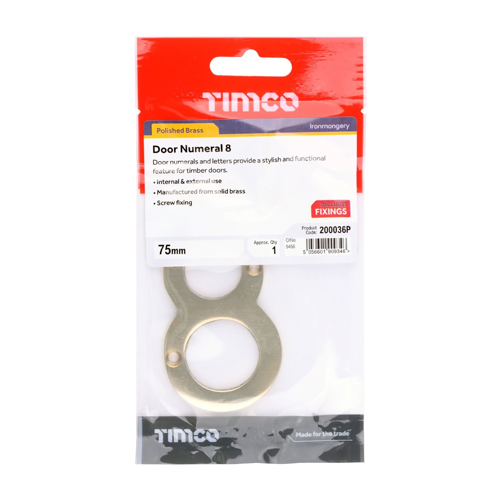 TIMCO Door Numeral 8 Polished Brass 75mm
