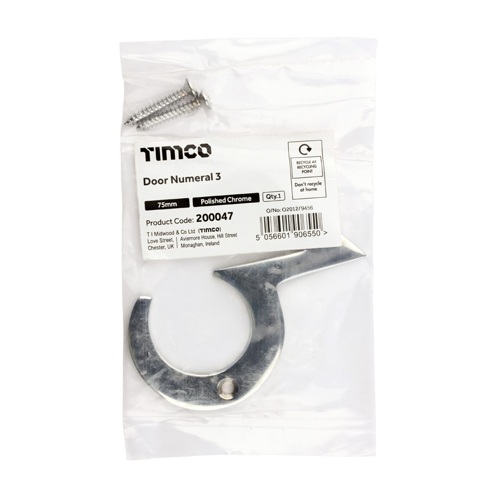 TIMCO Door Numeral 3 Polished Chrome 75mm