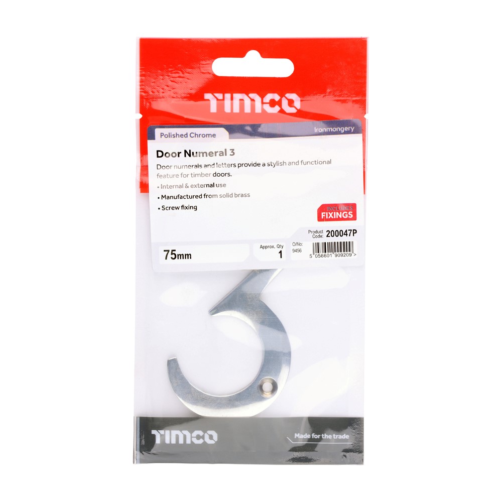 TIMCO Door Numeral 3 Polished Chrome 75mm