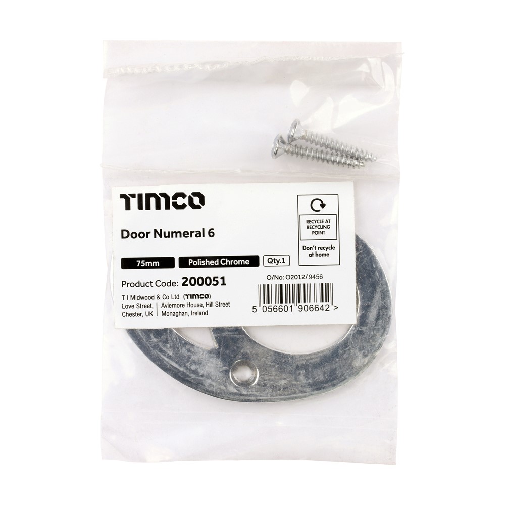 TIMCO Door Numeral 6 Polished Chrome 75mm