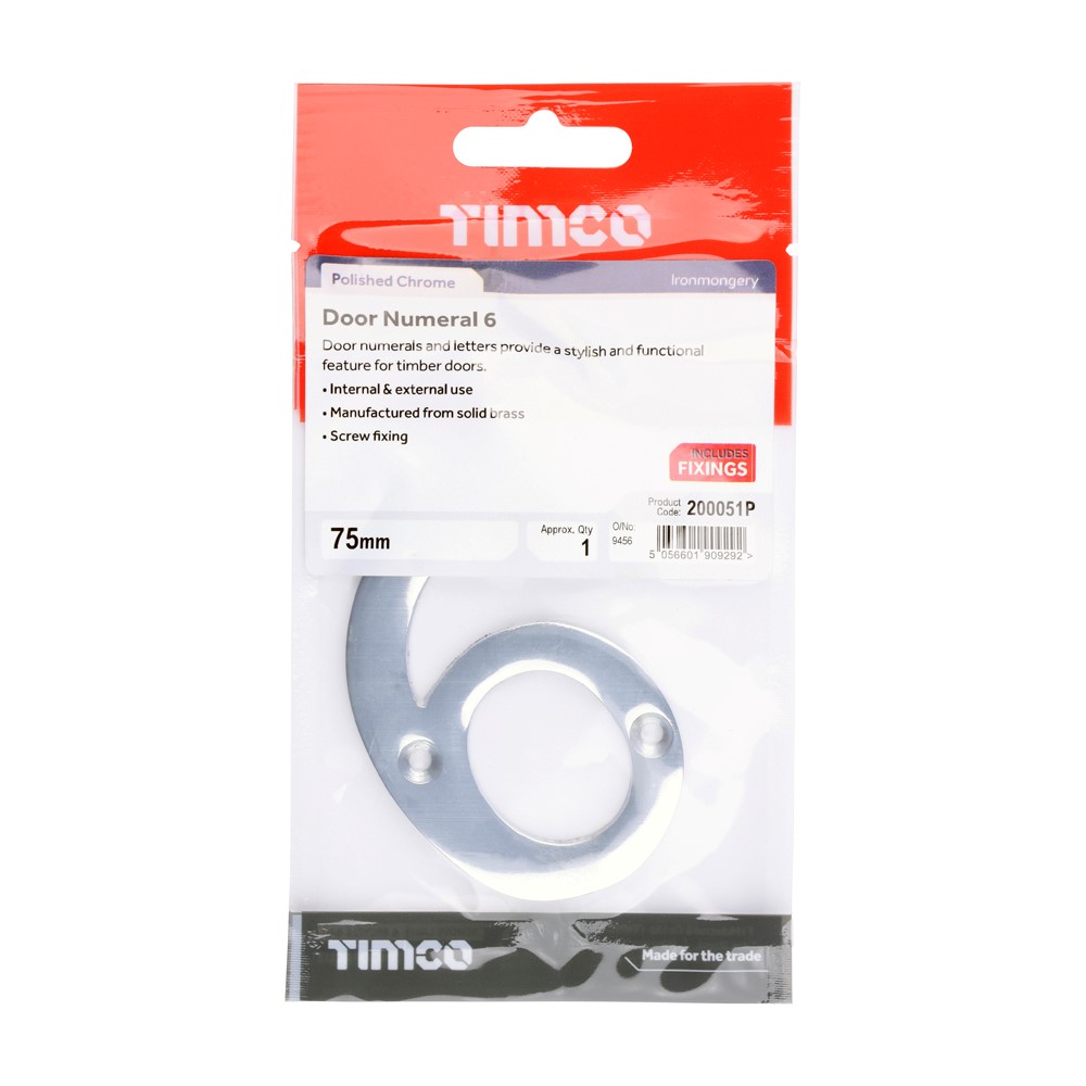 TIMCO Door Numeral 6 Polished Chrome 75mm