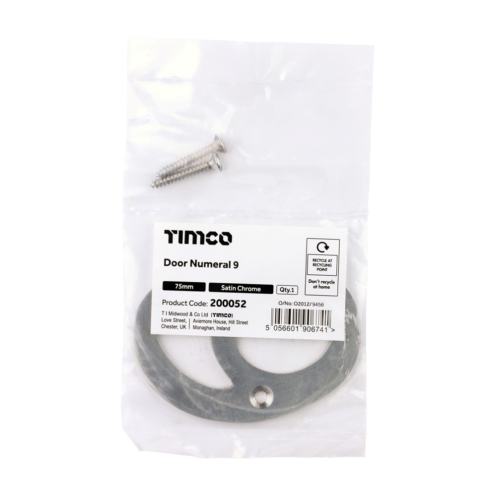 TIMCO Door Numeral 9 Satin Chrome 75mm