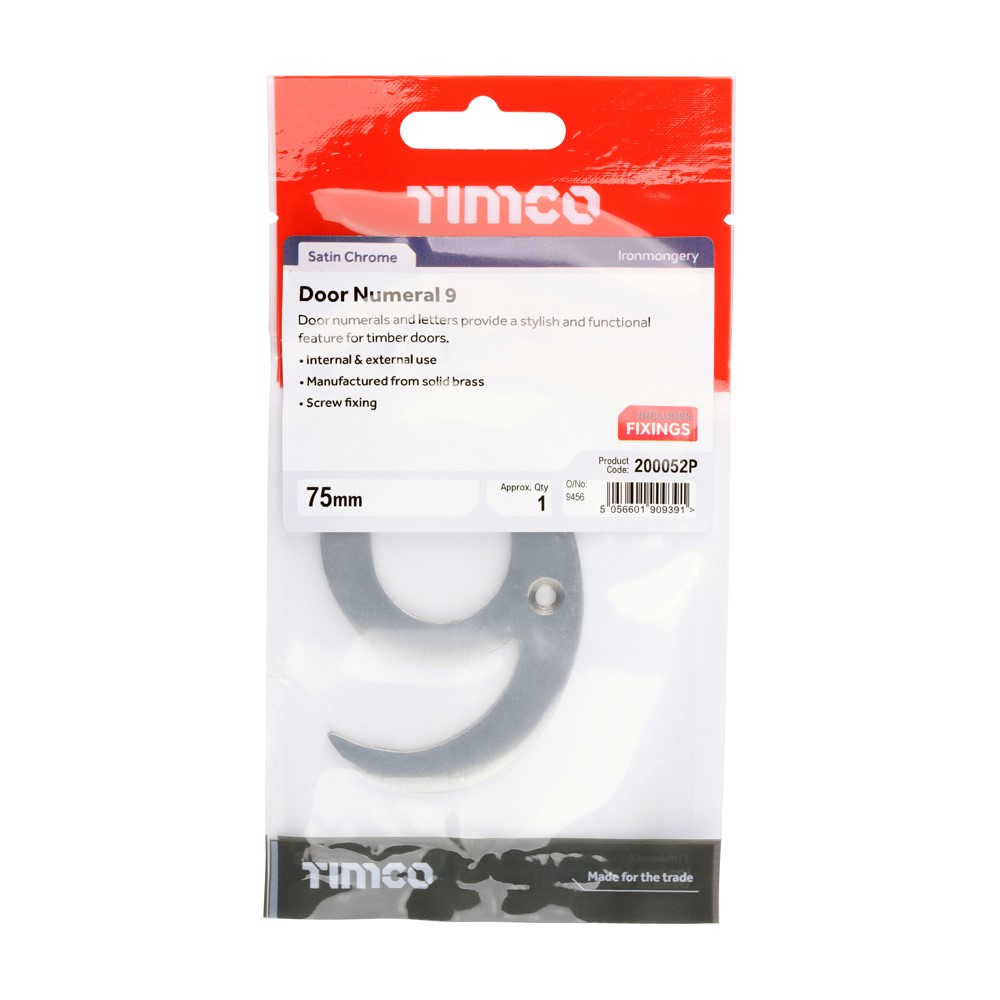 TIMCO Door Numeral 9 Satin Chrome 75mm