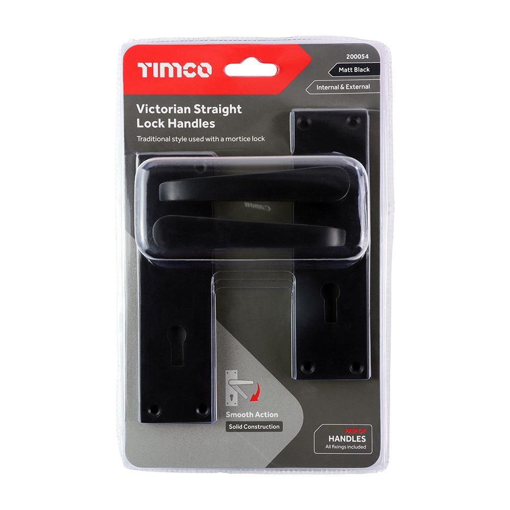 TIMCO Victorian Straight Lock Handles - Matt Black 152 x 43mm (2 Pack)