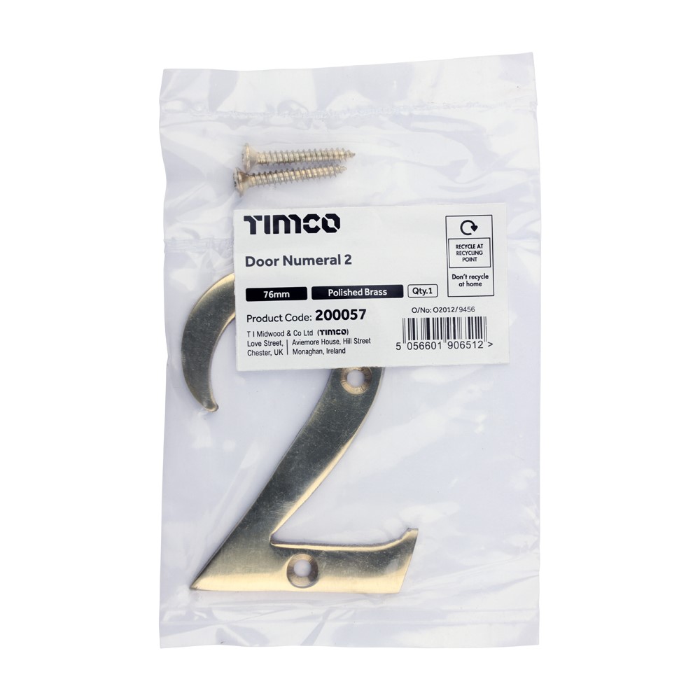 TIMCO Door Numeral 2 Polished Brass 76mm