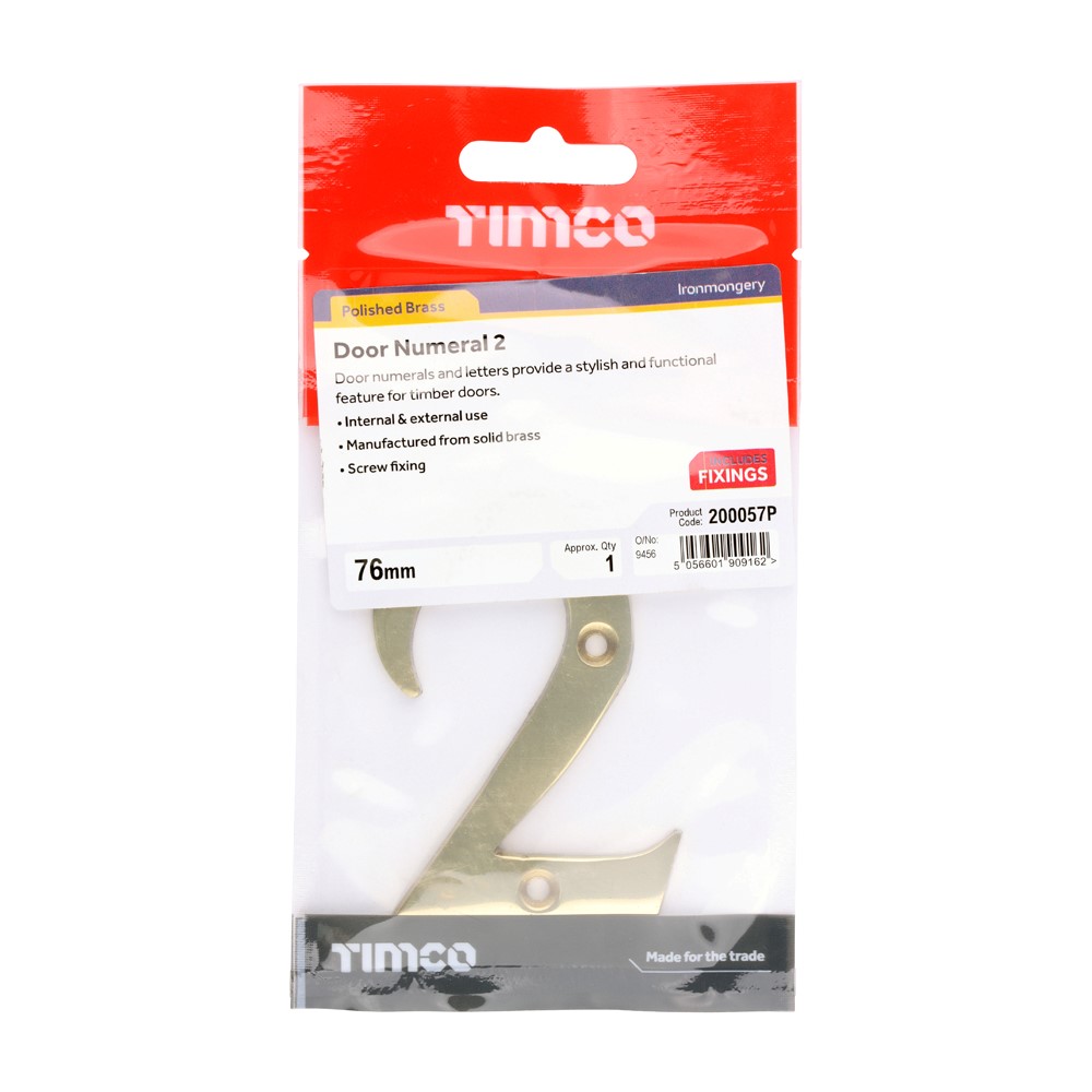 TIMCO Door Numeral 2 Polished Brass 76mm
