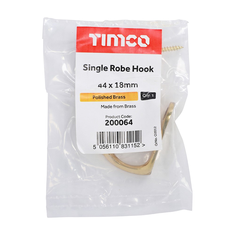 TIMCO Single Robe Hook - Polished Brass 44 x 18mm