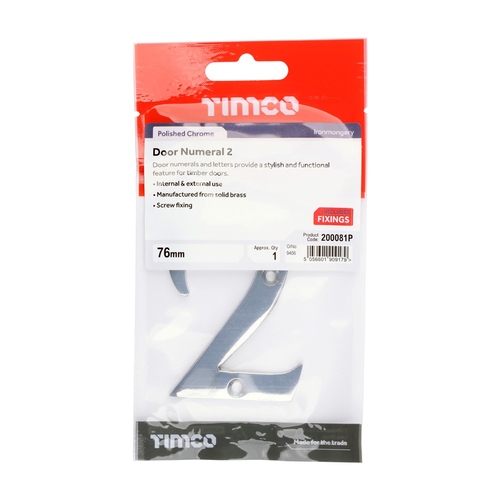 TIMCO Door Numeral 2 Polished Chrome 76mm