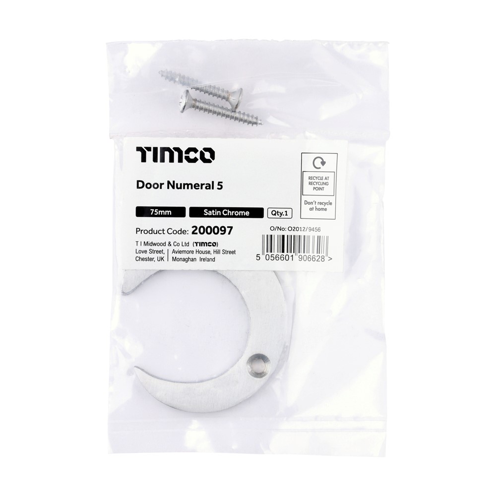TIMCO Door Numeral 5 Satin Chrome 75mm