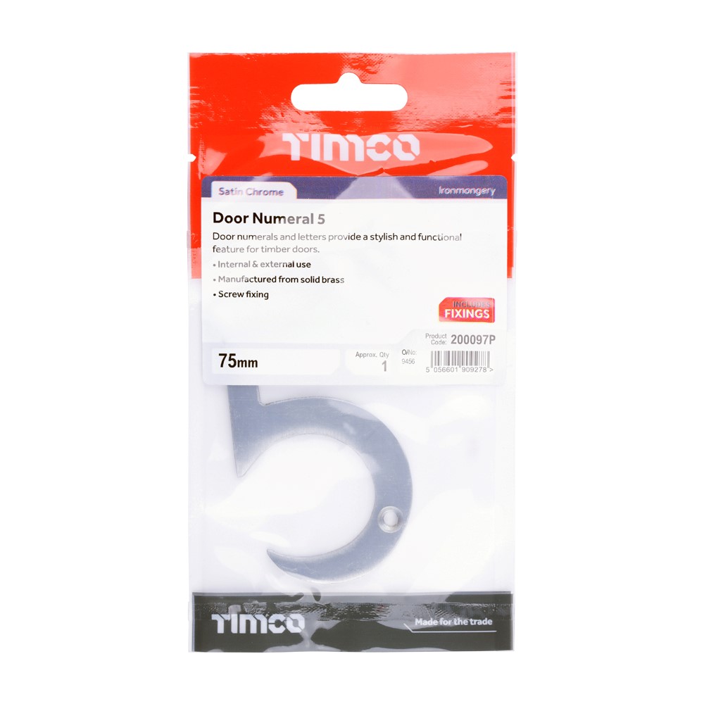 TIMCO Door Numeral 5 Satin Chrome 75mm