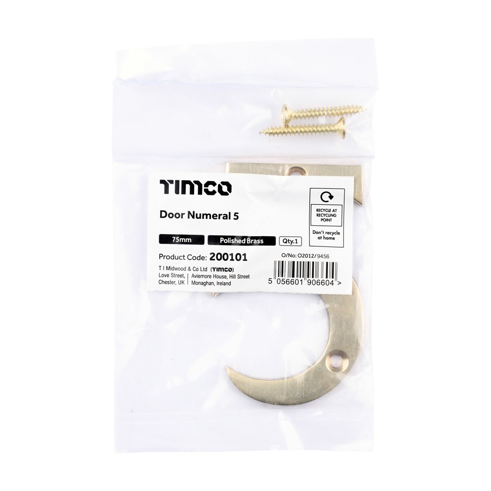 TIMCO Door Numeral 5 Polished Brass 75mm