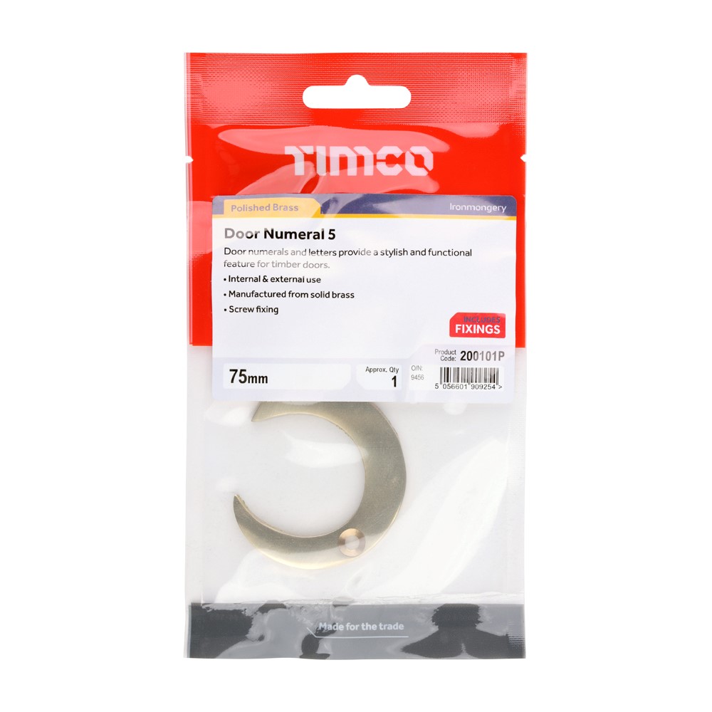 TIMCO Door Numeral 5 Polished Brass 75mm