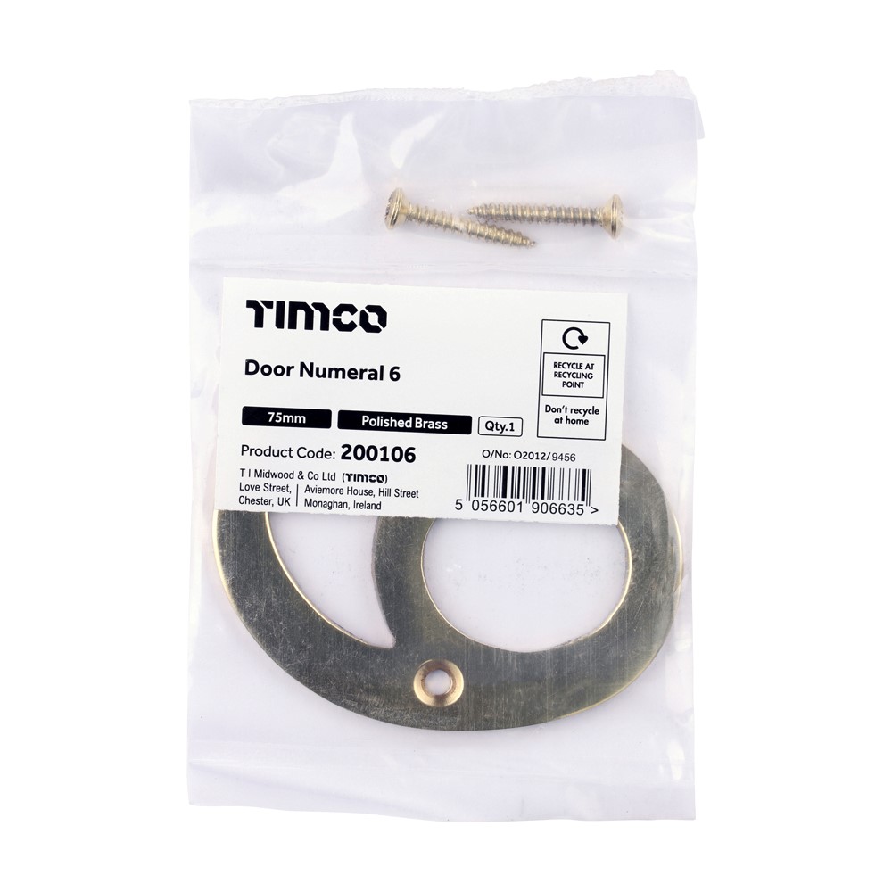 TIMCO Door Numeral 6 Polished Brass 75mm