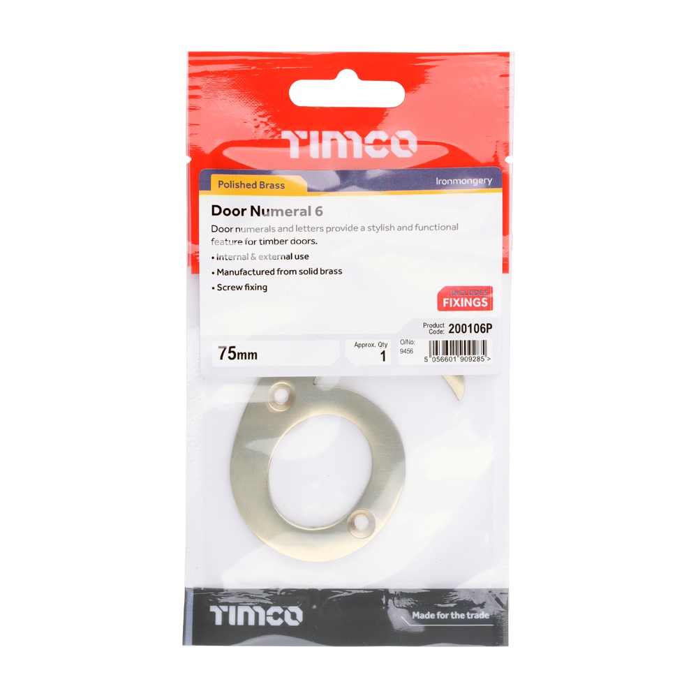 TIMCO Door Numeral 6 Polished Brass 75mm