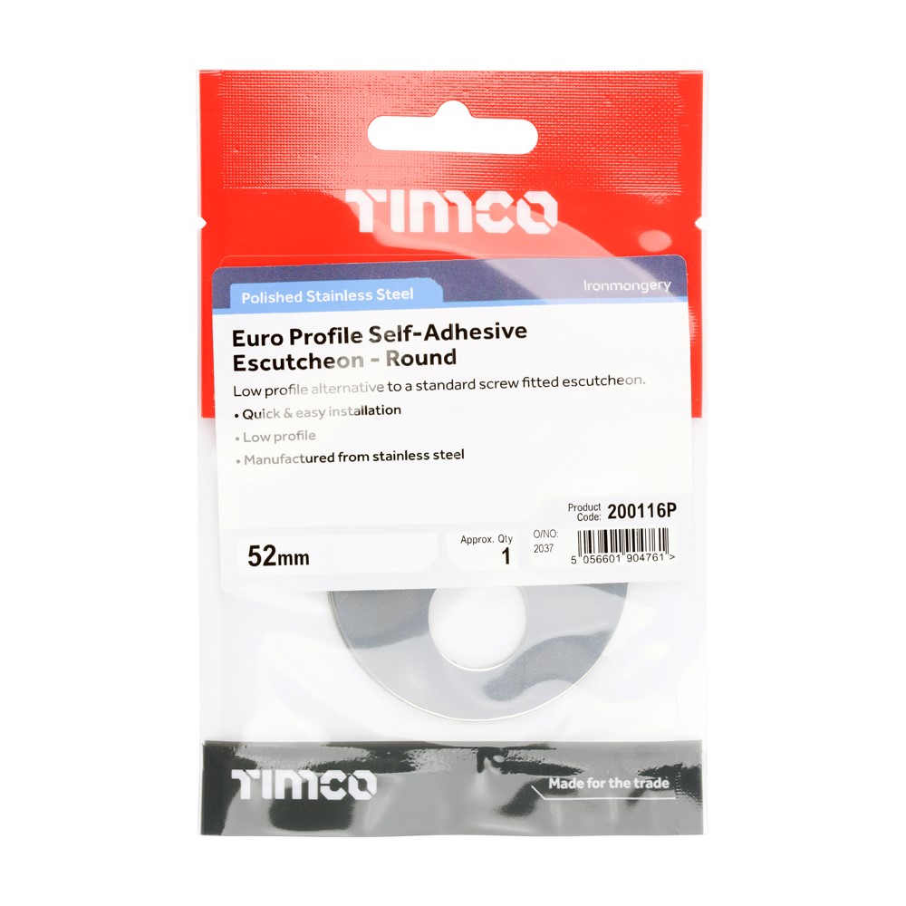 TIMCO Self-Adhesive Euro Escutcheon Round Polished Stainless Steel 52mm (1)