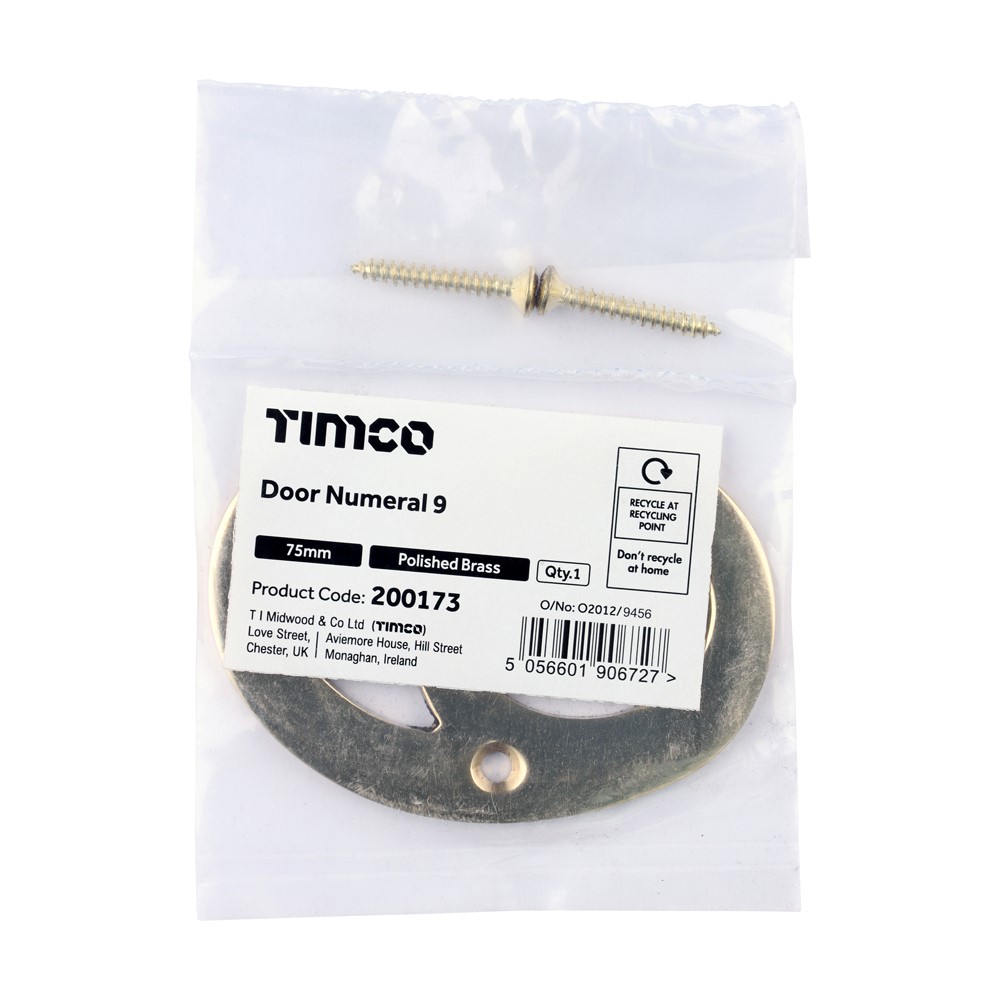 TIMCO Door Numeral 9 Polished Brass 75mm