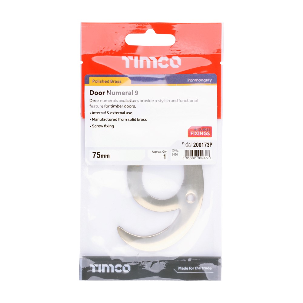 TIMCO Door Numeral 9 Polished Brass 75mm