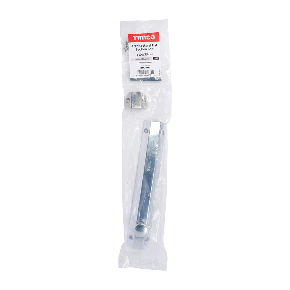 TIMCO Architectural Flat Section Bolt - Polished Chrome 210 x 35mm