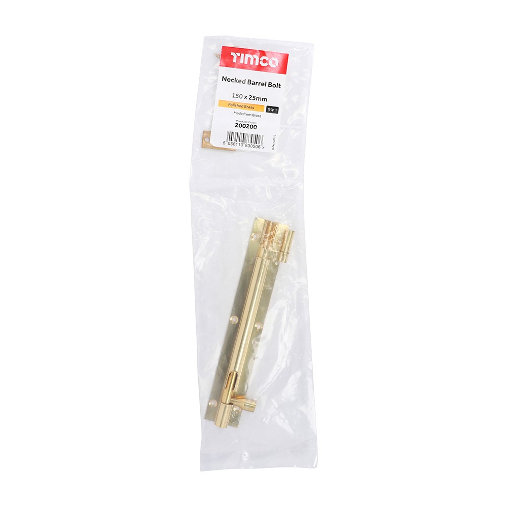 TIMCO Necked Barrel Bolt - Polished Brass 150 x 25mm