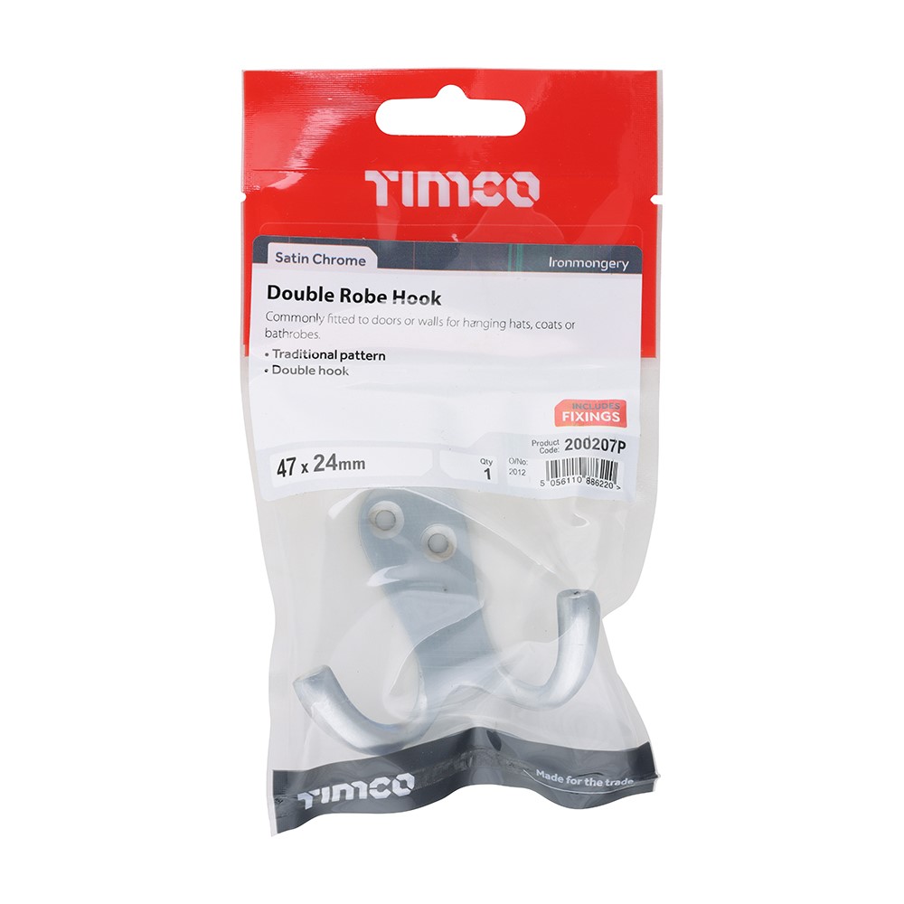 TIMCO Double Robe Hook - Satin Chrome 47 x 24mm