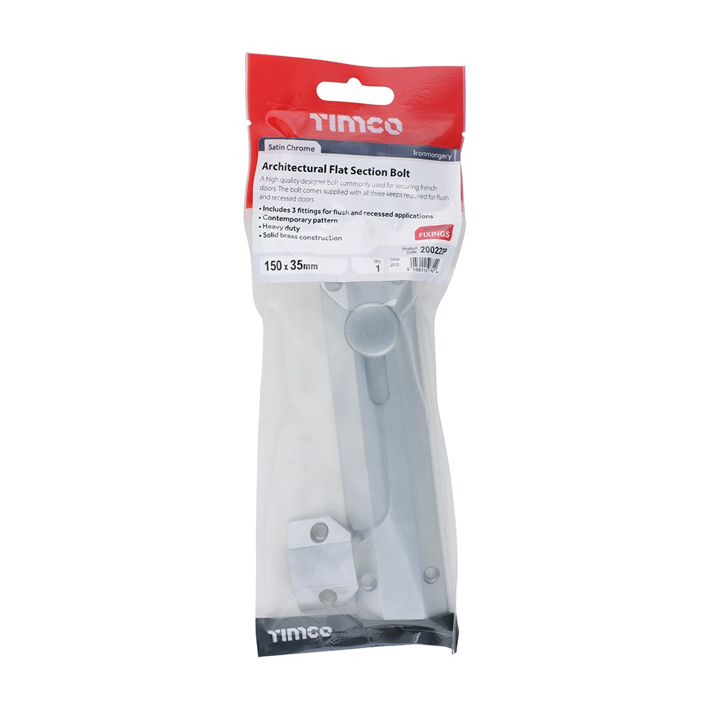 TIMCO Architectural Flat Section Bolt - Satin Chrome 150 x 35mm