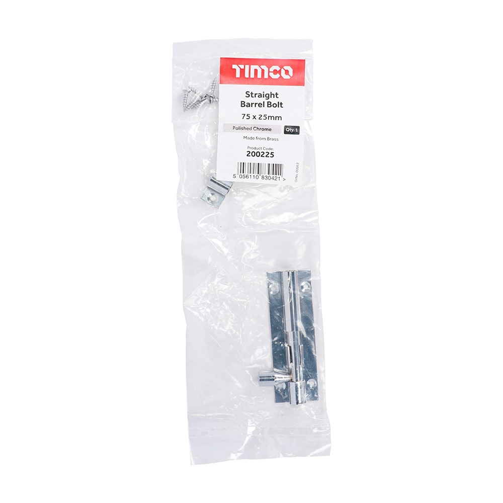 TIMCO Straight Barrel Bolt - Polished Chrome 75 x 25mm