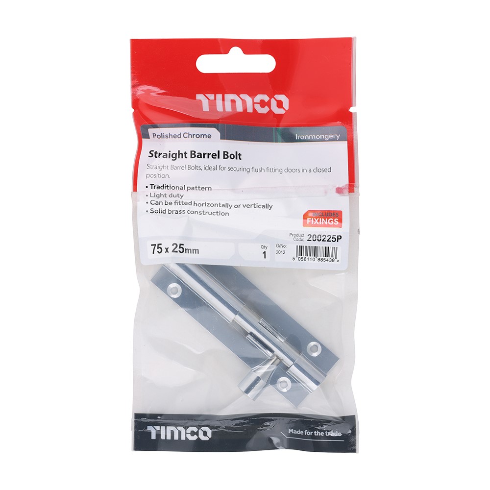 TIMCO Straight Barrel Bolt - Polished Chrome 75 x 25mm