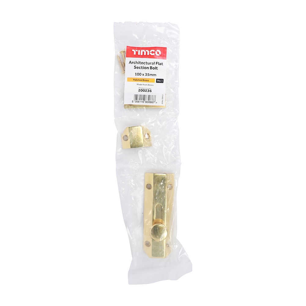 TIMCO Architectural Flat Section Bolt - Polished Brass 100 x 35mm