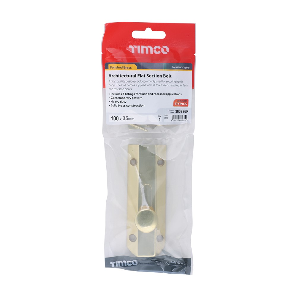 TIMCO Architectural Flat Section Bolt - Polished Brass 100 x 35mm