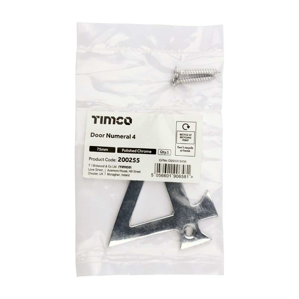 TIMCO Door Numeral 4 Polished Chrome 75mm