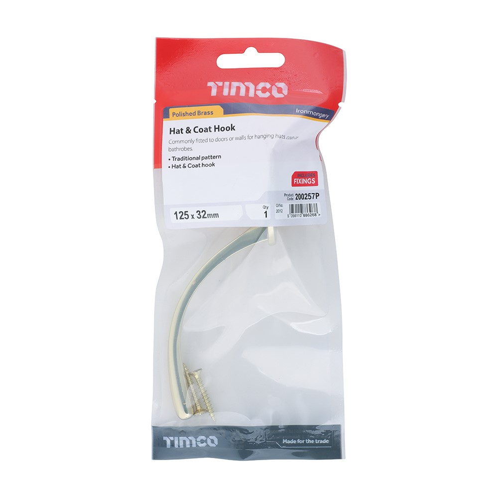 TIMCO Hat & Coat Hook - Polished Brass 125 x 32mm
