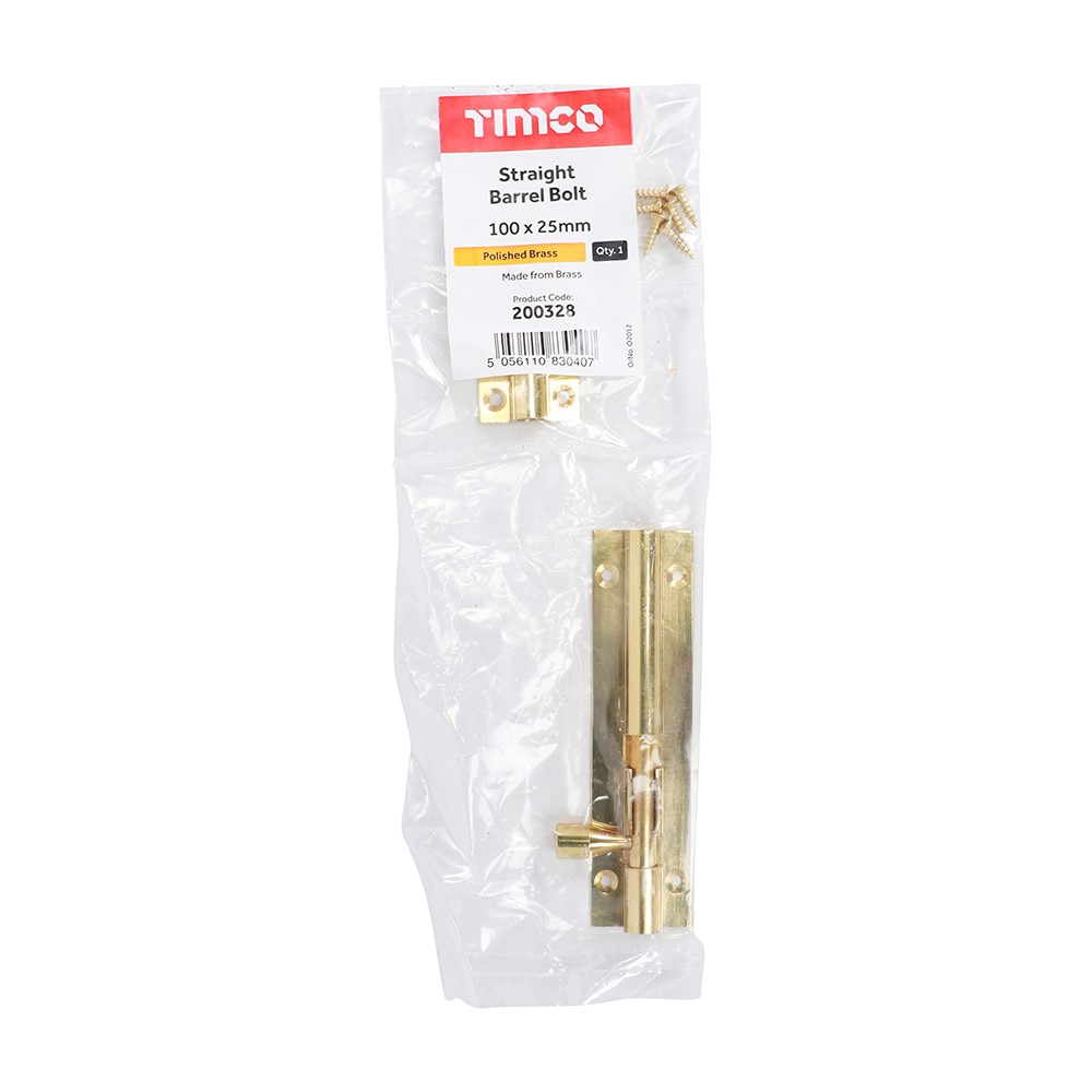 TIMCO Straight Barrel Bolt - Polished Brass 100 x 25mm