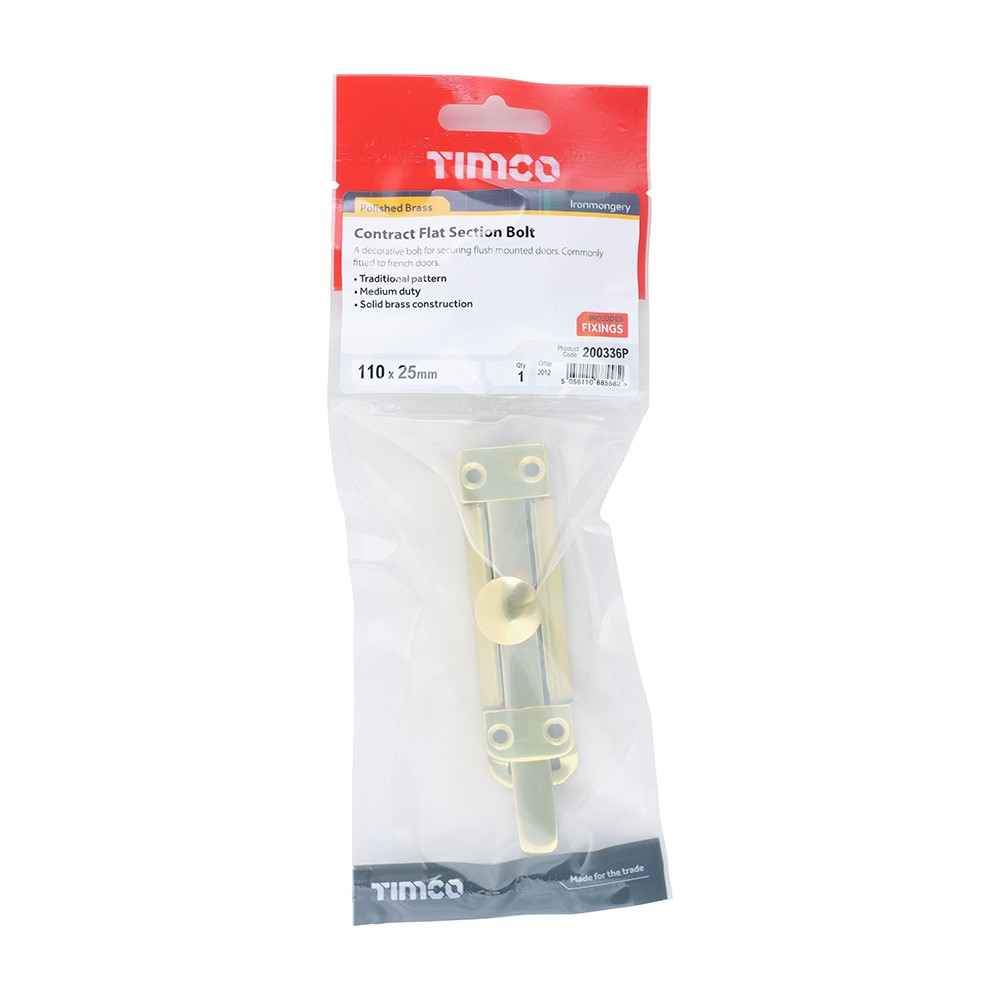 TIMCO Contract Flat Section Bolt - Polished Brass 110 x 25mm