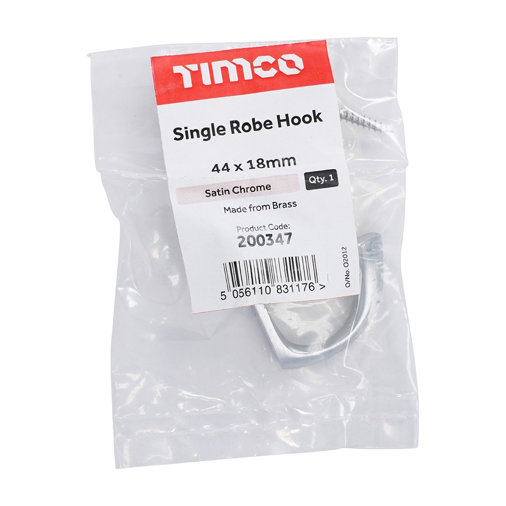 TIMCO Single Robe Hook - Satin Chrome 44 x 18mm
