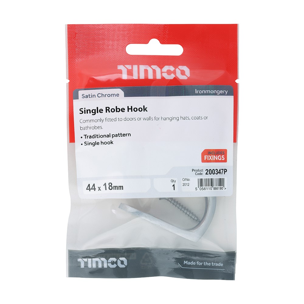 TIMCO Single Robe Hook - Satin Chrome 44 x 18mm