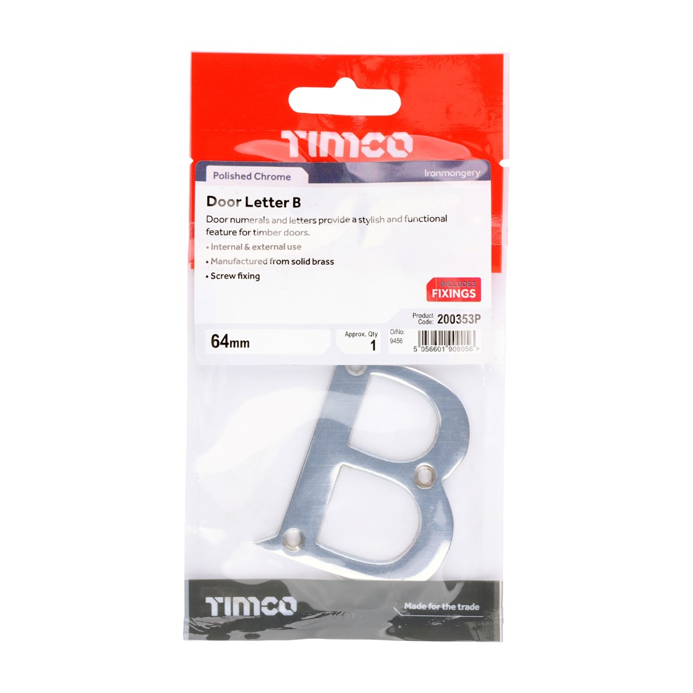 TIMCO Door Letter B Polished Chrome 64mm