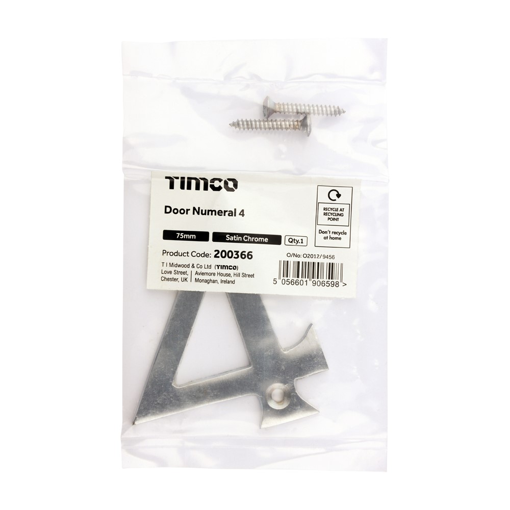 TIMCO Door Numeral 4 Satin Chrome 75mm