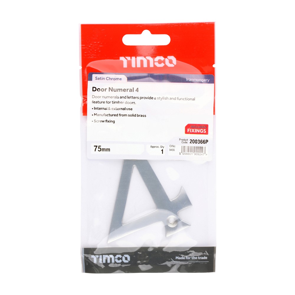 TIMCO Door Numeral 4 Satin Chrome 75mm