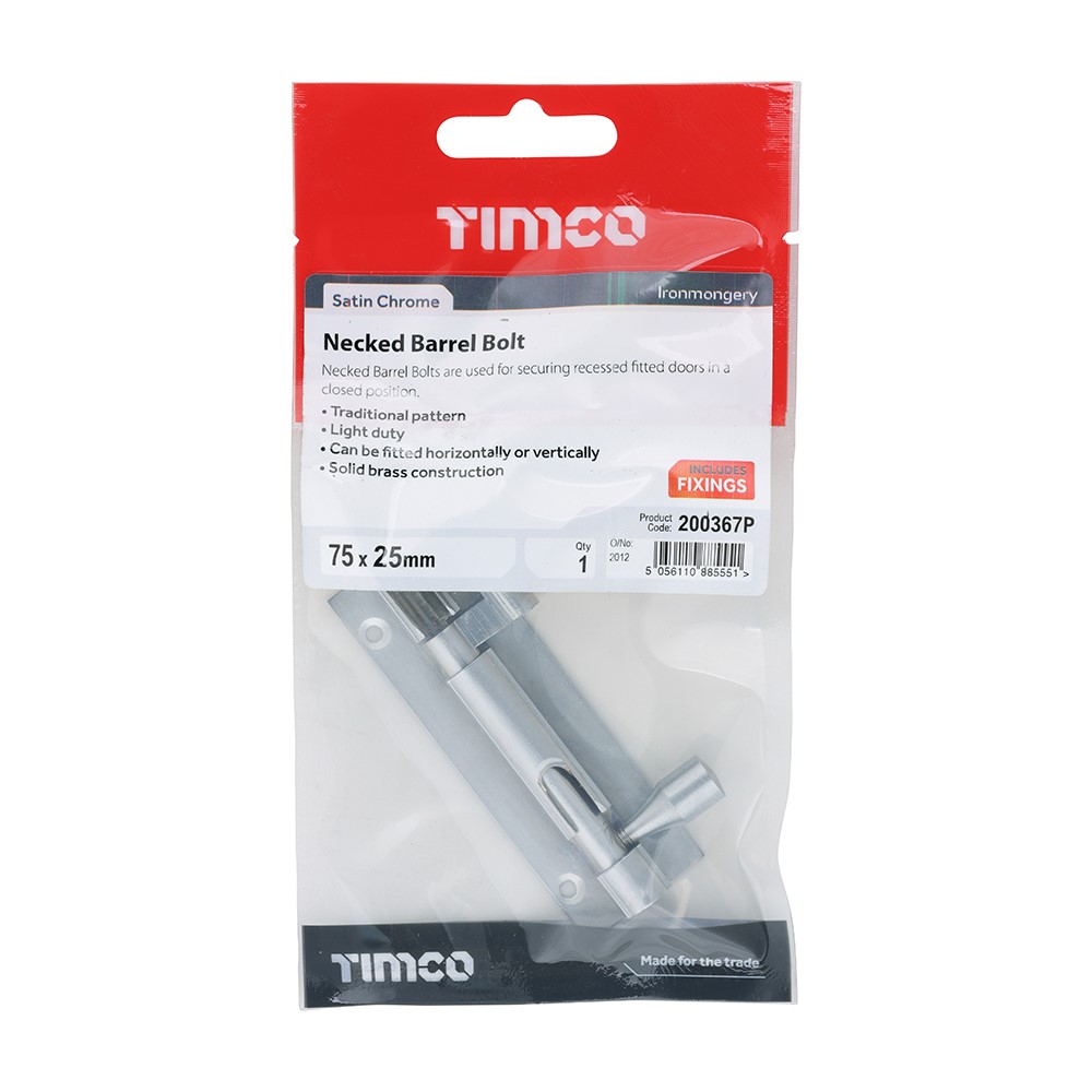 TIMCO Necked Barrel Bolt - Satin Chrome 75 x 25mm
