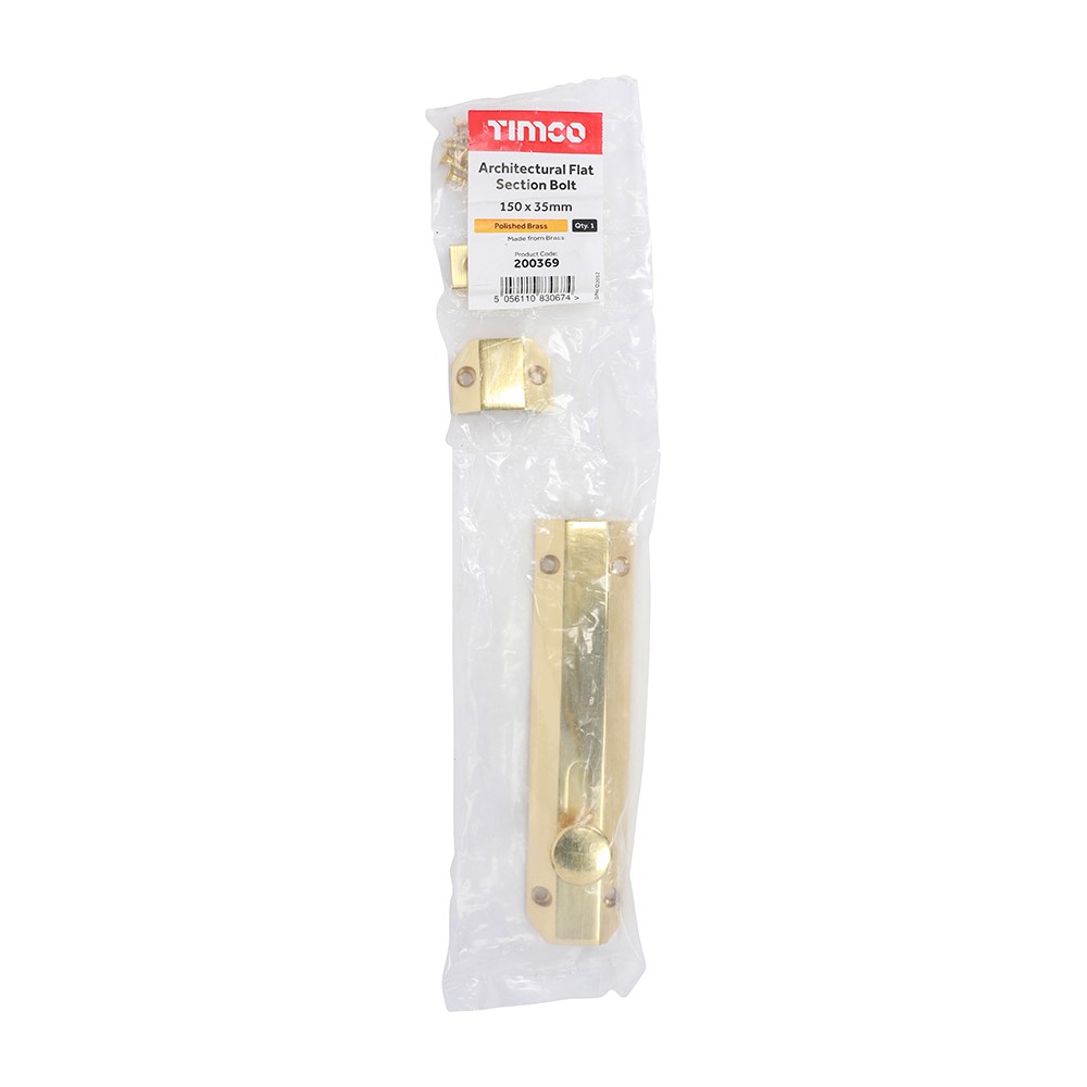 TIMCO Architectural Flat Section Bolt - Polished Brass 150 x 35mm