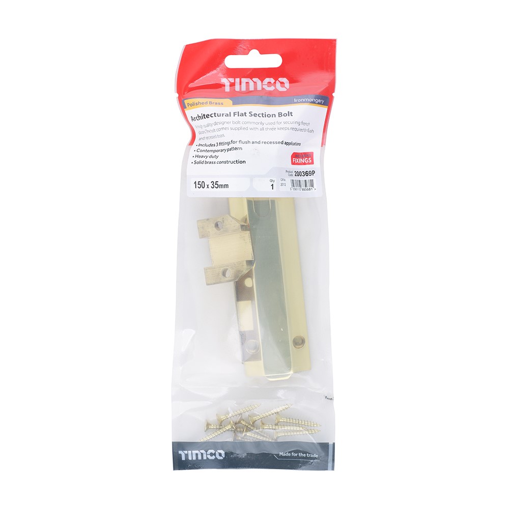 TIMCO Architectural Flat Section Bolt - Polished Brass 150 x 35mm