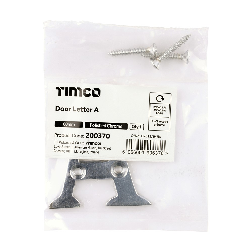 TIMCO Door Letter A Polished Chrome 60mm