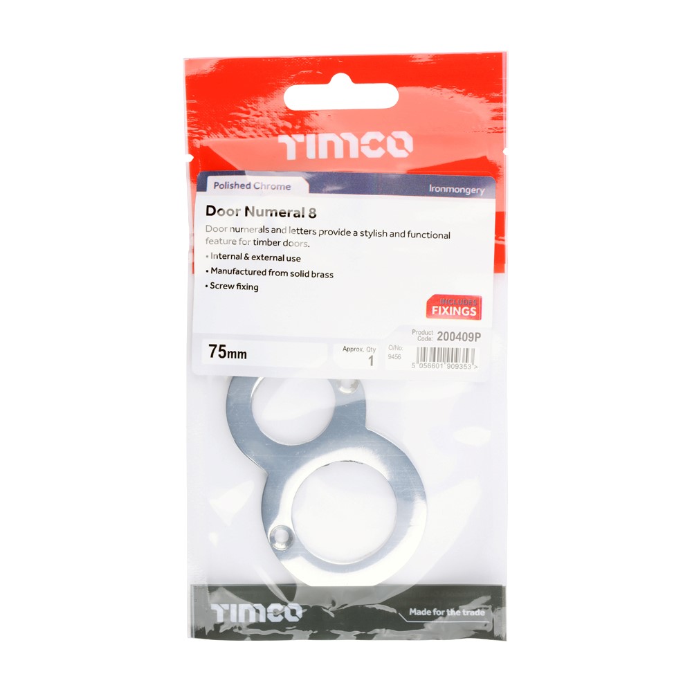 TIMCO Door Numeral 8 Polished Chrome 75mm