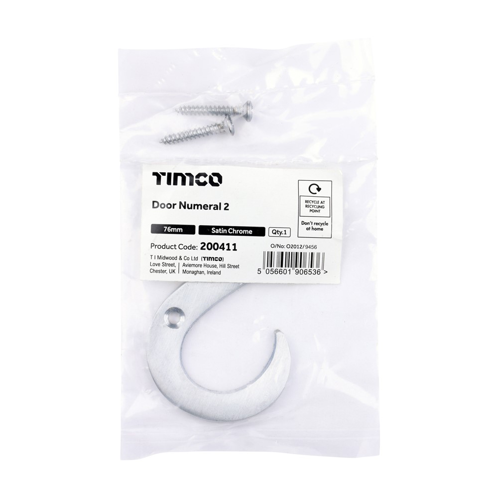 TIMCO Door Numeral 2 Satin Chrome 76mm