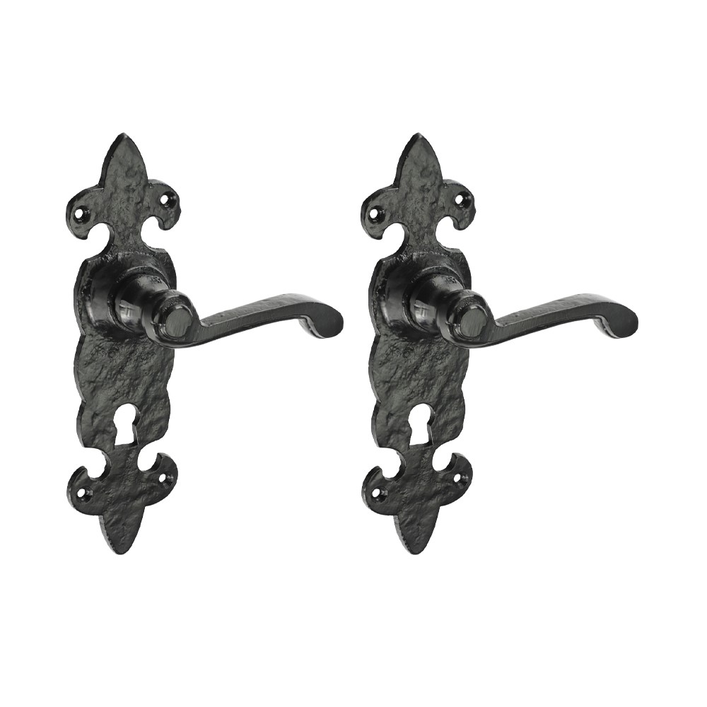 TIMCO Fleur De Lys Ornate Lever Lock Handles - Antique Black 195 x 55mm (2 Pack)