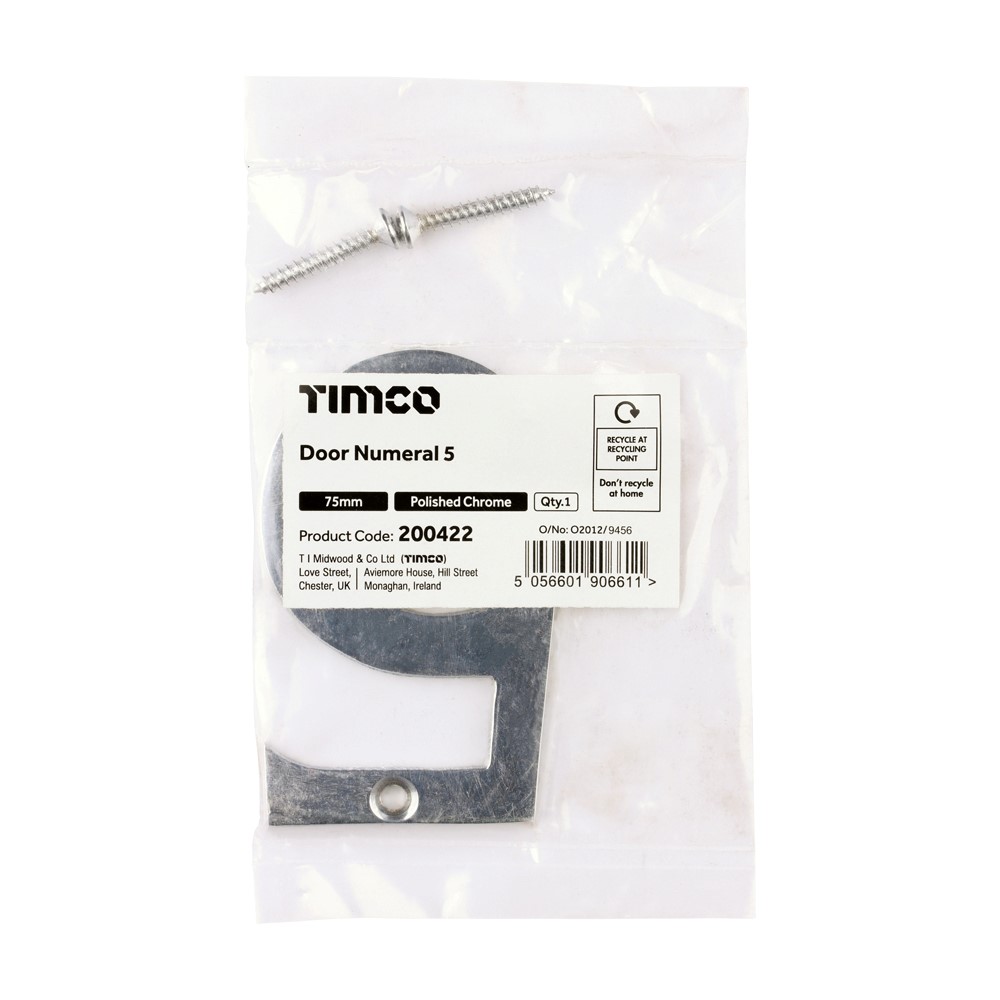 TIMCO Door Numeral 5 Polished Chrome 75mm