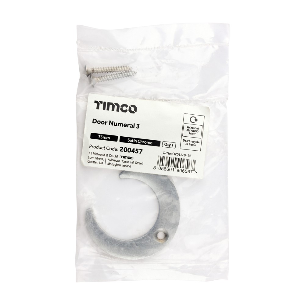 TIMCO Door Numeral 3 Satin Chrome 75mm
