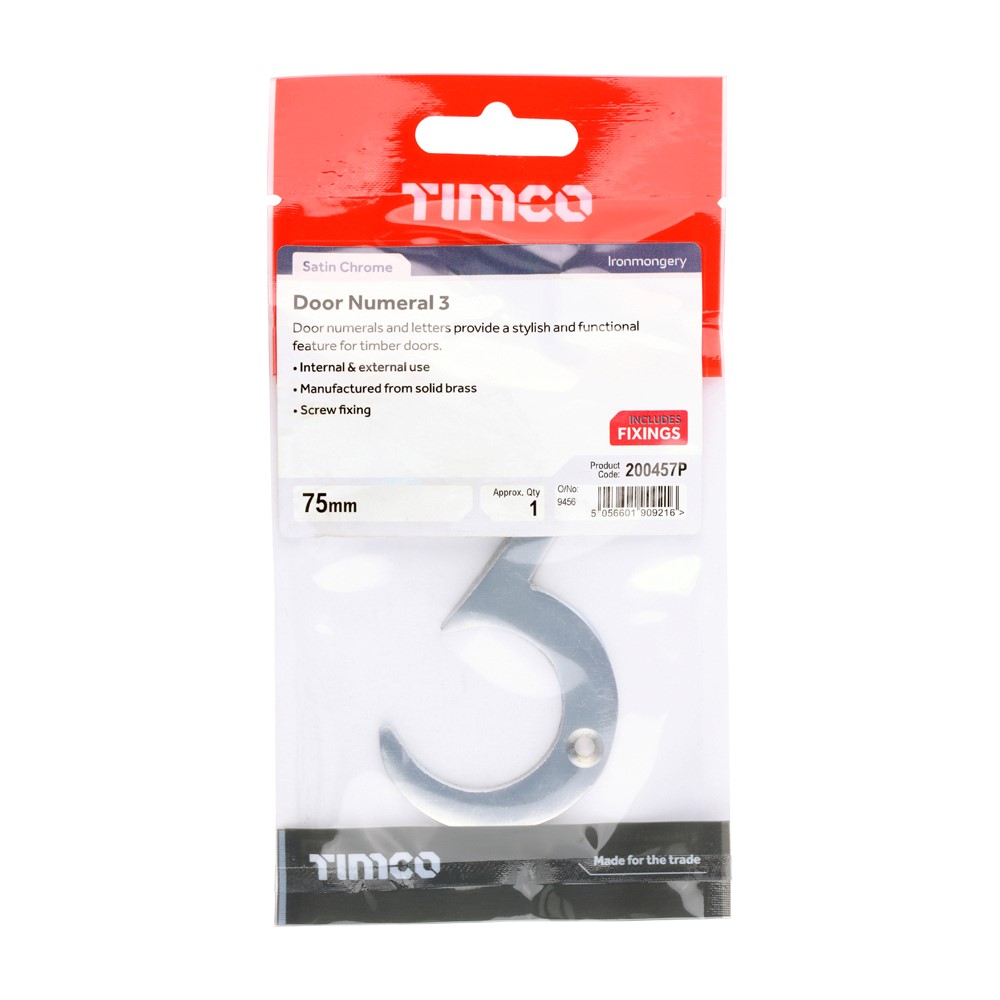 TIMCO Door Numeral 3 Satin Chrome 75mm